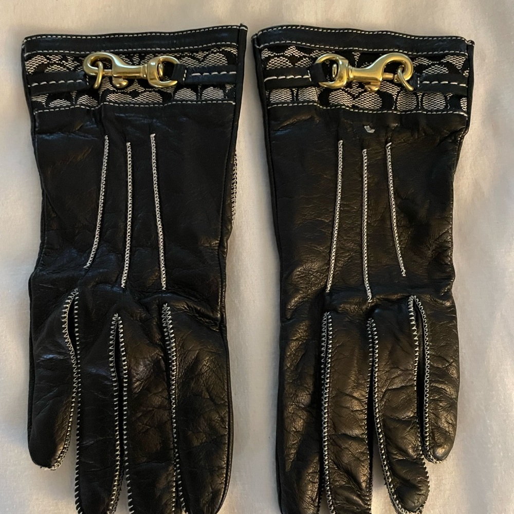 Sz 6.5 COACH Italy: Vintage Genuine Leather Silk Lined Gloves Dark Brown/Gold